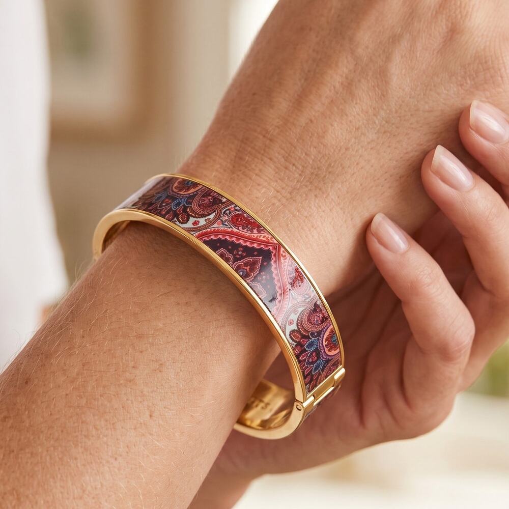 Talbots Paisley Enamel Gold Tone Hinged Bangle Bracelet Boho Chic